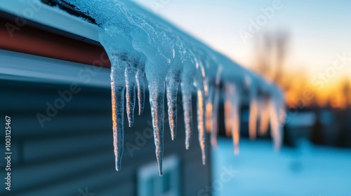 Ice dam forming on a roof with water dripping down winter roofing issues home damage risk 