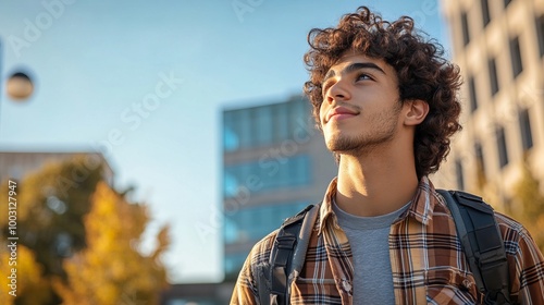 Young Man Gazing Upwards in the City