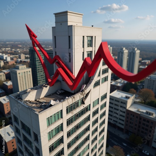 Financial crisis portrayed through depiction of falling red arrow symbolizing stock market crash and collapsing bank signifying bankruptcy