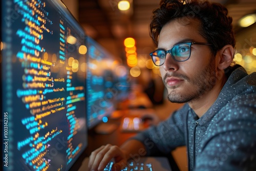 Focused programmer working late at night on coding tasks in a modern office environment