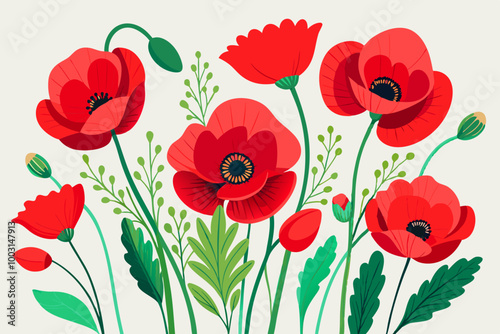 Vibrant illustration of red poppy flowers with delicate green stems and leaves. Flower poppy blossom bud or bloom flat isolated