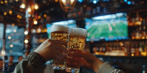 Soccer enthusiast raises a glass of beer at a pub during the championship event.