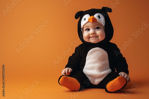 adorable baby in penguin pajamas sitting on yellow background with copy space