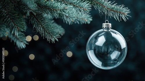 A close-up of a clear glass Christmas ornament suspended from a tree branch, reflecting warm soft light in a minimalist holiday atmosphere at home