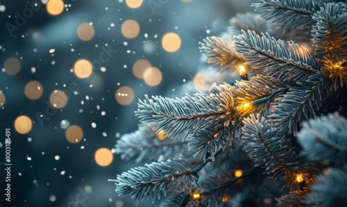 A close-up of frosted pine needles, illuminated by delicate Christmas lights and glowing softly in a peaceful winter landscape with falling snowflakes