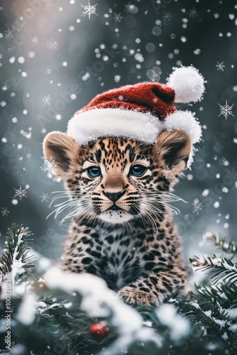 Delight in this adorable leopard cub sporting a Santa hat, surrounded by falling snowflakes and pine branches, capturing the essence of festive wilderness magic.