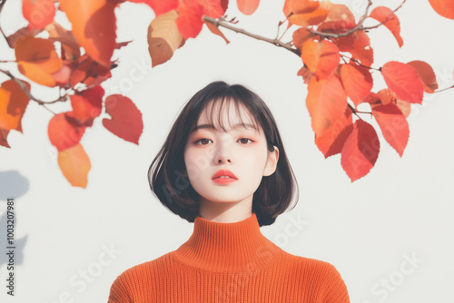 アジア人女性のポートレート, 秋, 紅葉