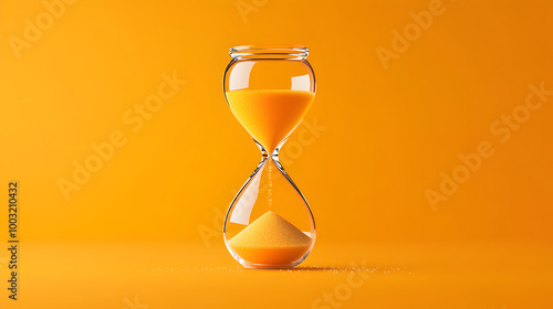 A bright orange background with a floating hourglass in the middle, sand pouring slowly. Hourglass on an orange background.