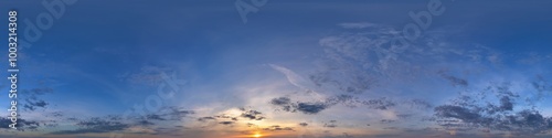 blue evening sky hdri 360 panorama with clouds before sunset with zenith for use in 3d graphics as sky dome or edit drone shot as sky replacement