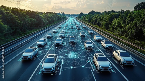 Cars driving on highway with network connections.