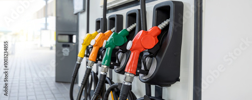 Fuel Pump, Gas Station, Gasoline.Colorful Petrol pump filling nozzles on white background , Gas station in a service in warm sunset.Head fuel vehicle refueling facility in Asia