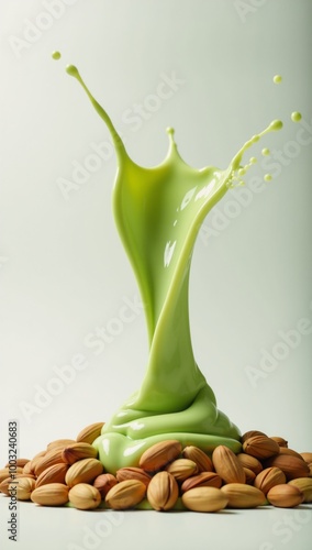 Isolated Pistachio Nut bursting with green milk splashes and waves