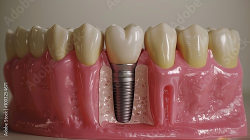 Dental Implant Model Demonstrating a Modern, Permanent Tooth Replacement Solution, Close Up