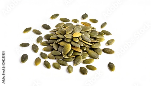 pumpkin seed or pepita are edible and typically flat and oval with one axis of symmetry, have a white outer husk, and are light green after the husk is removed. Isolated on white background