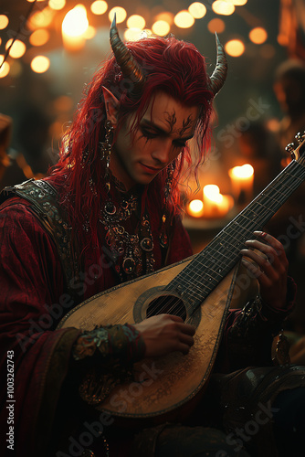 mystical male tiefling bard plays lute by candlelight in an enchanting setting