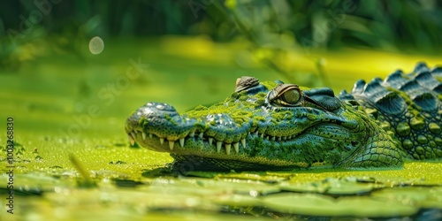 Crocodile concealed in water with duckweed showcasing hunting instincts and natural disguise, lying in wait within a river surrounded by dense forest.