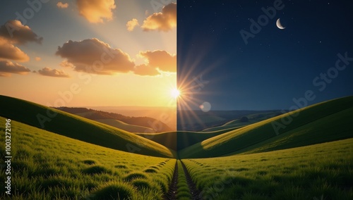 Spring Equinox Split Landscape depicting simultaneous day and night with sun and moon meeting at horizon