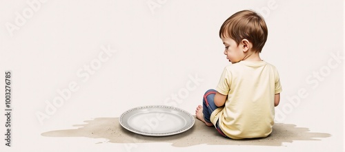 A watercolor painting portraying an empty plate symbolizing food insecurity and leaving space for added text