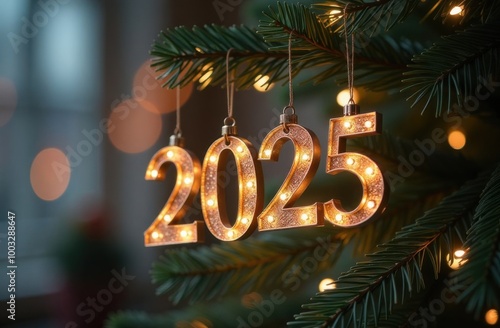 2025 new year celebration ornament hanging on christmas tree with lights