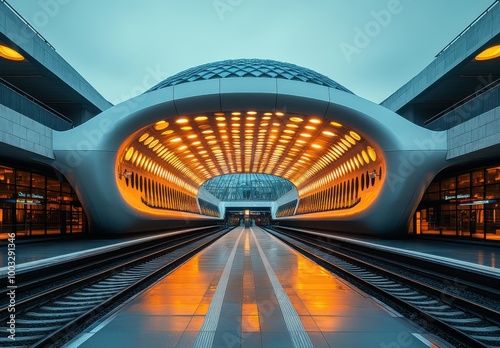 Stunning dome roof design at Lille's Grand Palais train station highlighting arrivals and departures amidst vibrant lighting