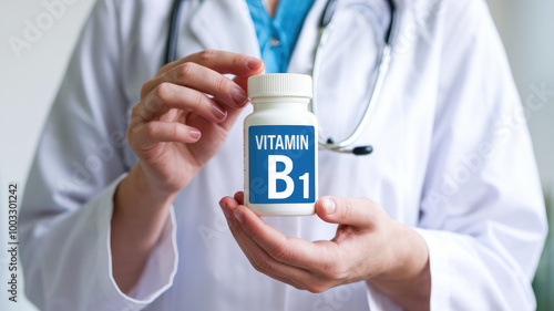 A doctor holding a bottle of vitamin B1. The bottle is blue and white. The doctor is wearing a white lab coat