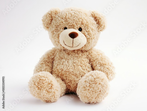 Soft teddy bear toy sitting against blank background, inviting warmth comfort. AI generated