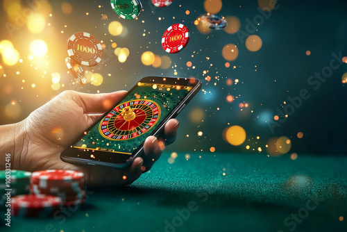 hand holding mobile phone displays online casino game with colorful chips and roulette. scene is vibrant and dynamic, capturing excitement of digital gambling