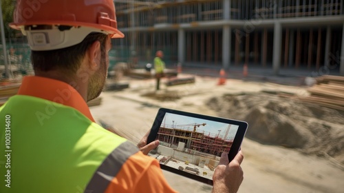 Generate a photo realistic image of technology integration at a construction site, with drones, digital surveys, BIM models, and construction workers using tablets