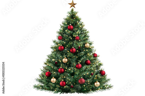 Festive Christmas tree adorned with red and gold ornaments, shimmering lights, isolated on a white background. isolated on transparent background.