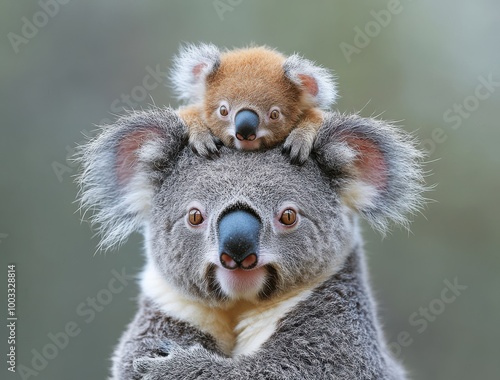 A baby koala clings to the back of an adult koala's head in the wild, showcasing tender moments in nature