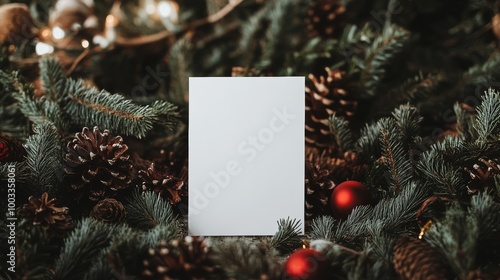 A blank white card placed among pine branches and Christmas decorations during the festive holiday season