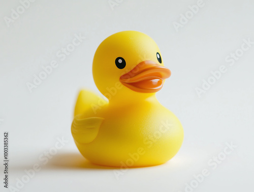 A bright yellow rubber duck with a playful expression, against a white backdrop.