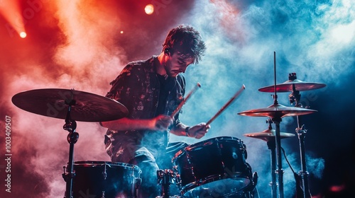 A drummer performs on stage with dramatic red and blue lighting and smoke.