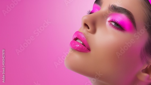 Close up of a woman's face with pink eyeshadow, pink lips, and pink background.