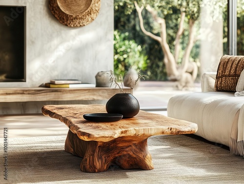 A low, rustic coffee table adorned with eclectic decor, sitting in a cozy living room Midlevel shot from the side, focusing on the woods texture and the laidback style