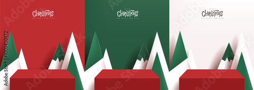 Merry Christmas banner with product display table and Artificial Christmas Trees backdrop