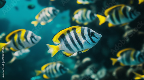 School of sergeant major fish swimming in blue water