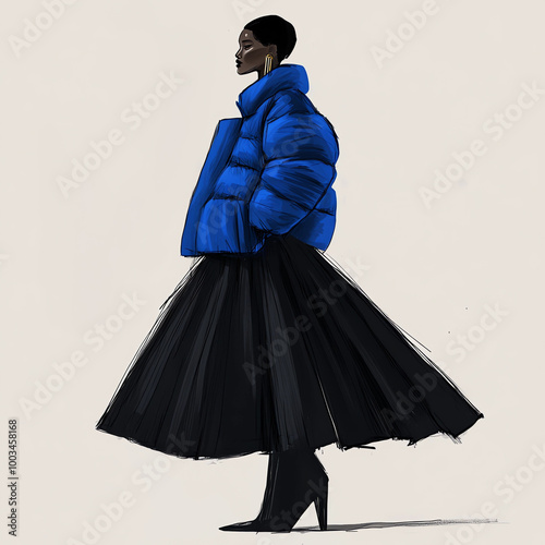 Haute Couture Fashion Drawing: Woman in Black Skirt and Blue Puff Jacket