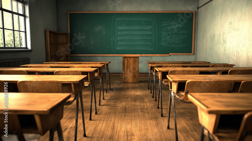 Rows of empty school desks facing a chalkboard in a vintage classroom