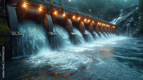 Night view of a hydroelectric dam with multiple gates releasing water, illuminated by orange lights, demonstrating energy generation and water control.