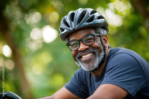 Happy senior man riding a bike