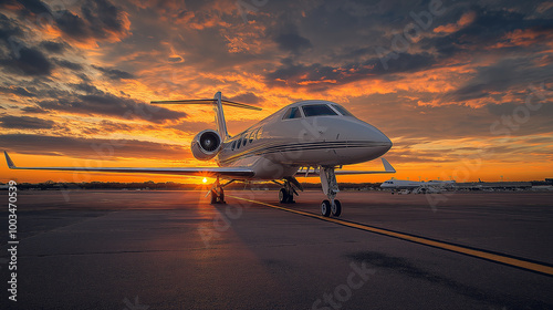 Luxury private jet parked on tarmac at sunset