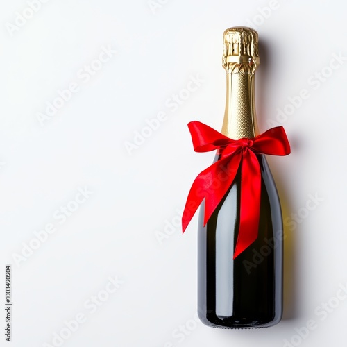 A bottle of champagne with a red ribbon bow on a white background.