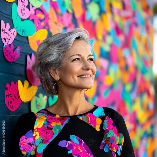 A smiling woman stands in front of a vibrant, colorful wall, showcasing a cheerful and artistic atmosphere.