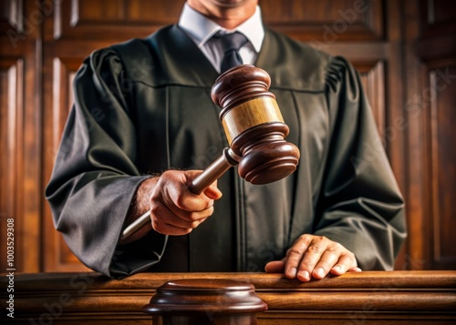 A judge wielding a gavel in the courtroom symbolizes law, justice, legal services, and the importance of legislation