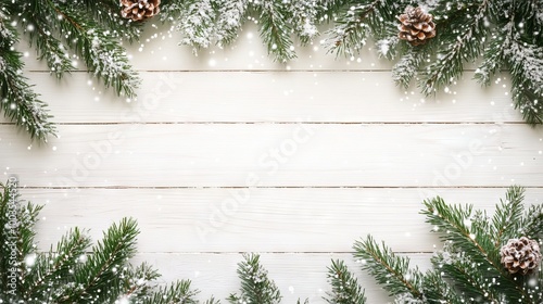 Festive christmas and new year background with snow-covered fir branches on white wooden board