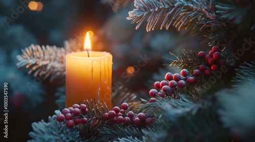 Close up of a candle in a spruce tree with berries