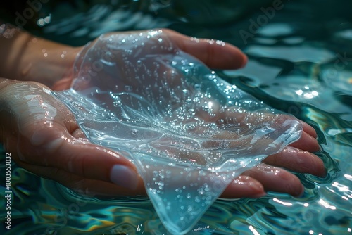 transparent mask of artificial skin emission on woman's hand. Biotechnology and innovation in healing and regeneration. synthetic layers