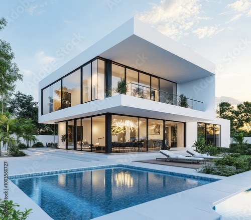  A modern white house with large glass windows and an outdoor pool, showcasing its sleek design against the blue sky. Created with Ai