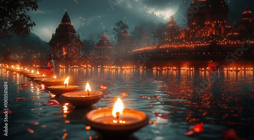 Burning candles in water for Diwali holiday, created with Generative AI technology.